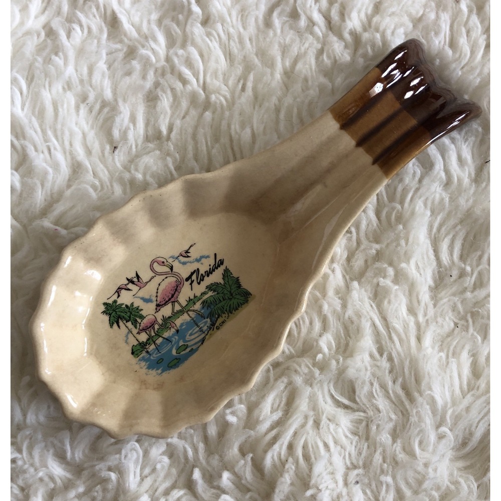Vintage Spoon Rest Florida Flamingos Stoneware 7.5"